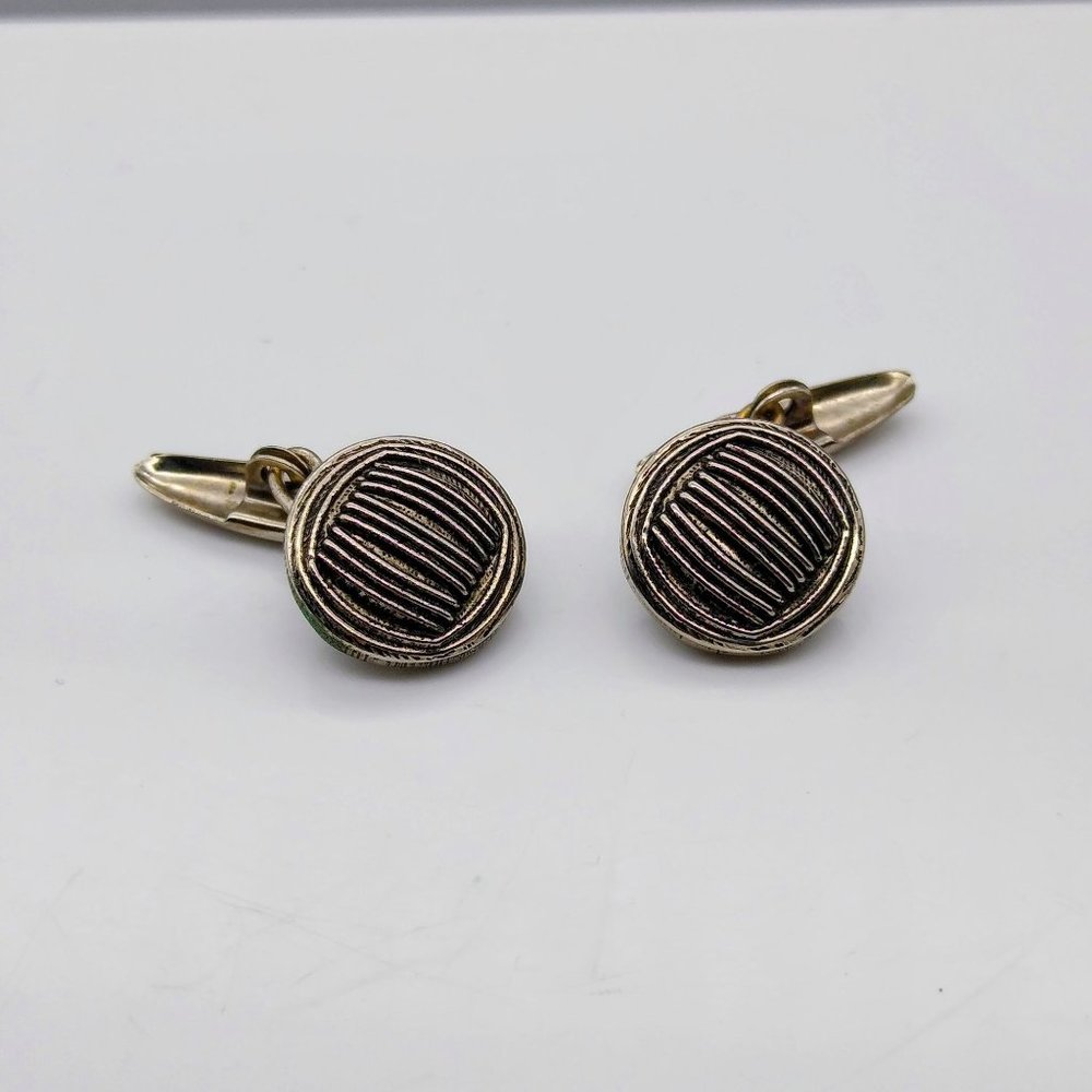 Vintage Striped Button Cuff Links, Dapper Silver Tone Brutalist, Gift for Him